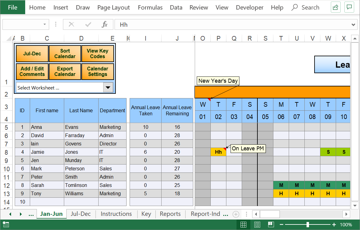 Excel Holiday Planner staff holiday management