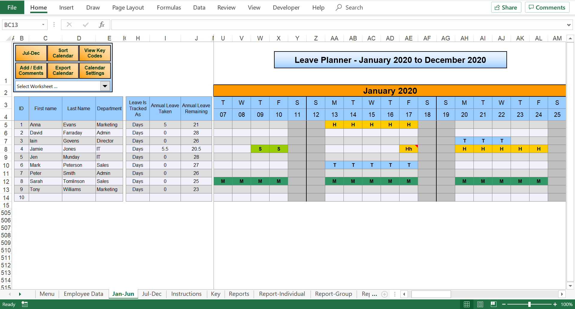 excel staff holiday planner